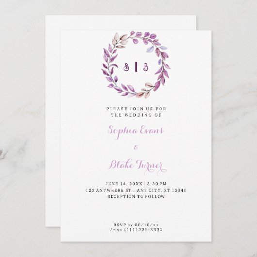Invitation Feuilles violets Monogramme Mariage blanc de couro (Devant / Derrière)
