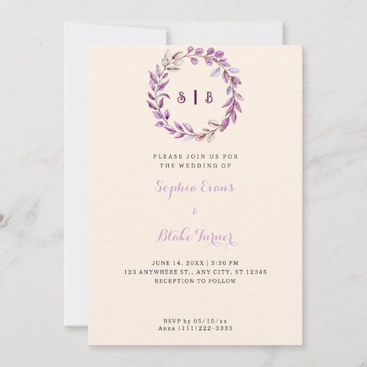 Invitation Feuilles violets Monogramme Wreath Mariage jaune (Devant)