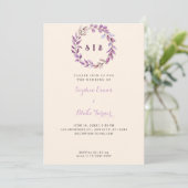 Invitation Feuilles violets Monogramme Wreath Mariage jaune (Debout devant)