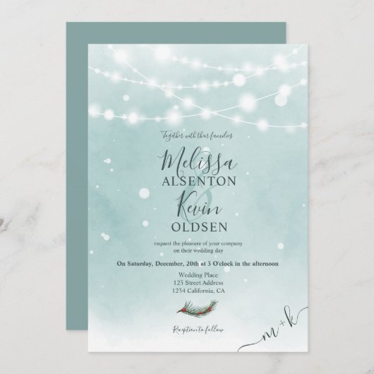 Invitation Feux à cordes bleues de Noël d'hiver mariage (Devant / Derrière)