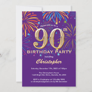 Invitation Feux d'artifice arc-en-ciel violet et or pour 90e
