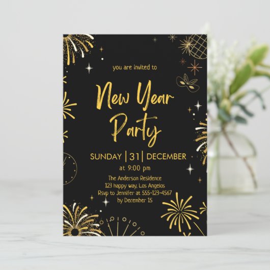 Invitation Feux d'artifice élégants noirs et dorés pour la Sa (Debout devant)