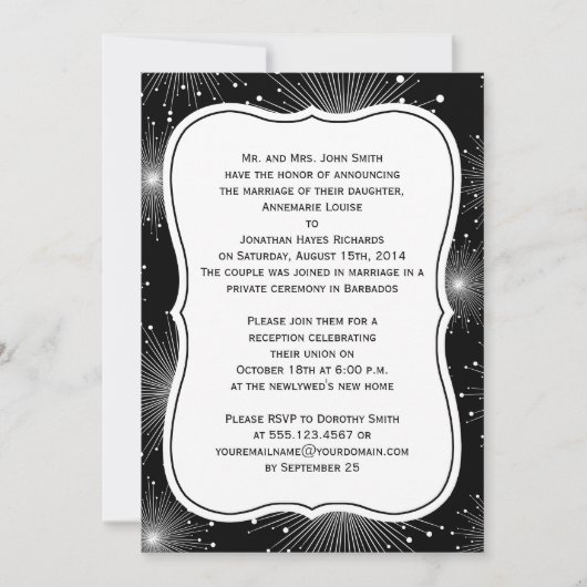 Invitation Feux d'artifice Noir Blanc Soleils Explosant Récep (Devant)
