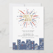 Invitation Feux d'artifice Rouge Bleu & Or 4 juillet Fête Mod (Devant)