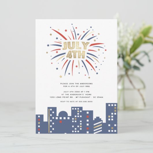Invitation Feux d'artifice Rouge Bleu & Or 4 juillet Fête Mod (Debout devant)