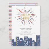 Invitation Feux d'artifice Rouge Bleu & Or 4 juillet Fête Mod (Devant / Derrière)