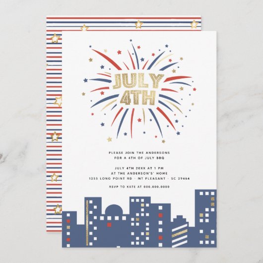 Invitation Feux d'artifice Rouge Bleu & Or 4 juillet Fête Mod (Devant / Derrière)