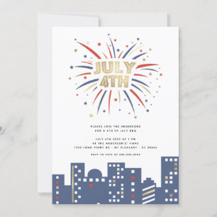 Invitation Feux d'artifice Rouge Bleu & Or 4 juillet Fête Mod