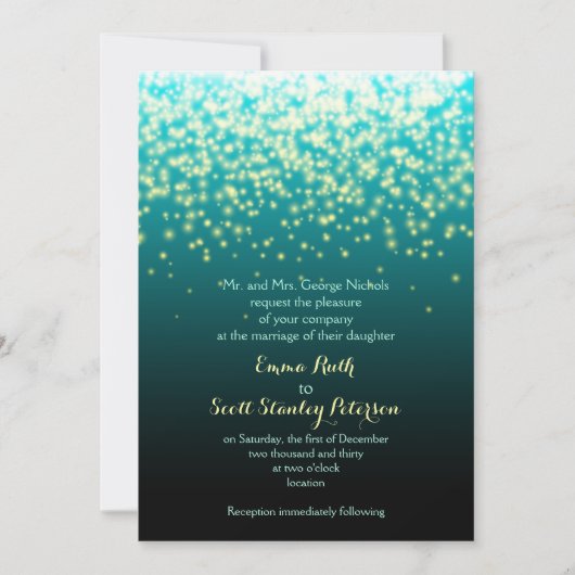 Invitation Feux scintillants bleu turquoise et mariage aqua (Devant)