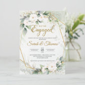 Invitation Fiançailles à cadre or à roses blanches eucalyptus (Debout devant)
