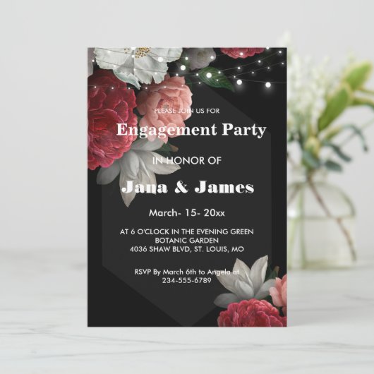 Invitation Fiançailles à cordes florales bordeaux (Debout devant)