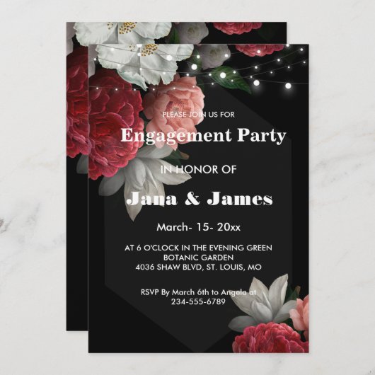 Invitation Fiançailles à cordes florales bordeaux (Devant / Derrière)