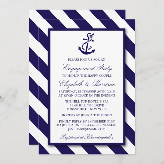 Invitation Fiançailles Ancre bleu marine (Devant / Derrière)