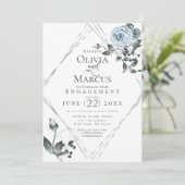 Invitation FIANÇAILLES | Aquarelle Bleu Dusty Floral Argent (Debout devant)