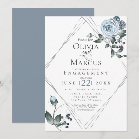 Invitation FIANÇAILLES | Aquarelle Bleu Dusty Floral Argent (Devant / Derrière)