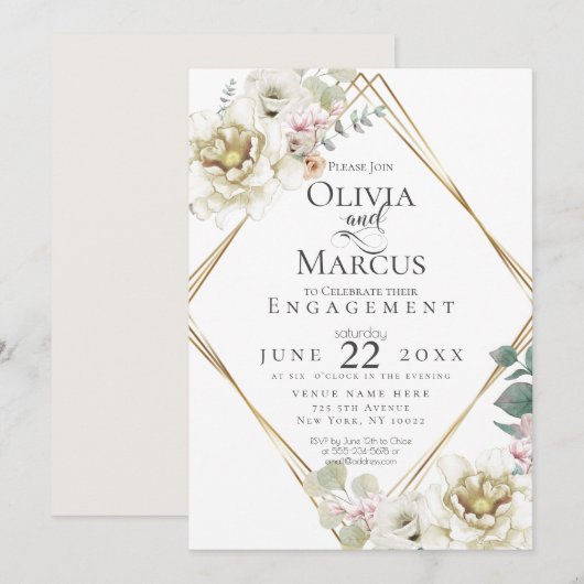 Invitation FIANÇAILLES | Aquarelle bleu ivoire Florale (Devant / Derrière)