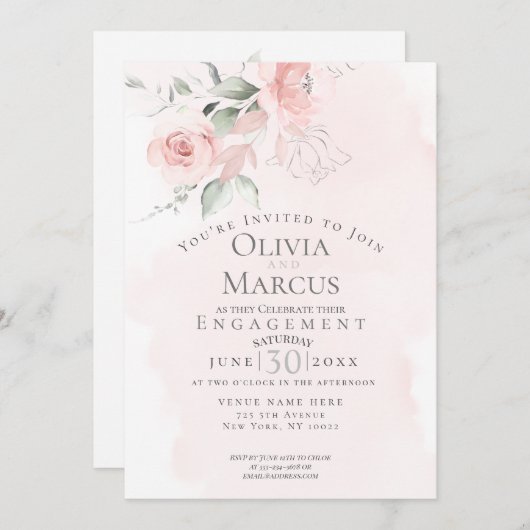 Invitation FIANÇAILLES | Aquarelle Fleurs Roses Bleues (Devant / Derrière)