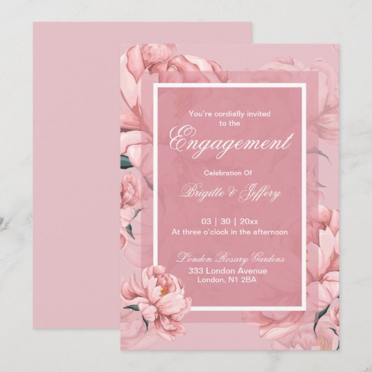 Invitation Fiançailles au pivoine rose (Devant / Derrière)
