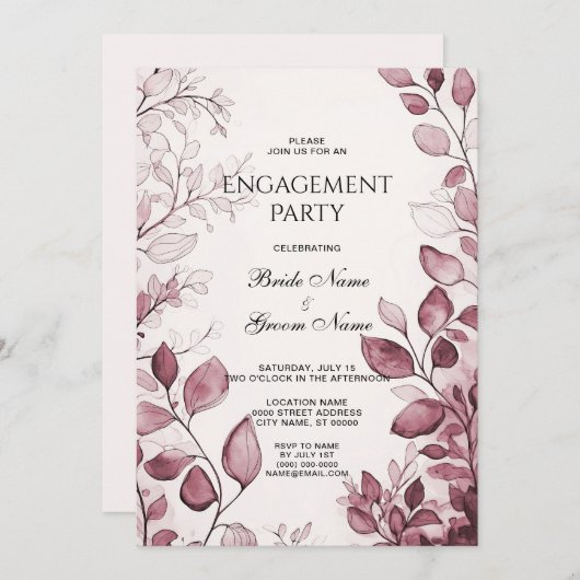 Invitation Fiançailles aux feuilles rouges modernes (Devant / Derrière)