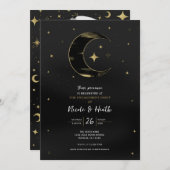 Invitation Fiançailles Black & Gold Modern Celestial Moon Sta (Devant / Derrière)
