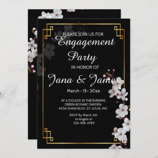 Invitation fiançailles blanc cerise et cadre doré (Devant / Derrière)