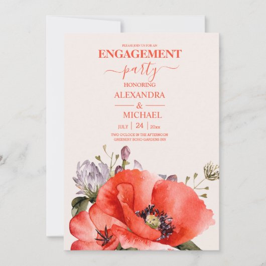 Invitation Fiançailles Boho Neutral Aquarelle Poppies (Devant)