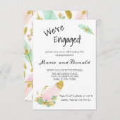 Invitation Fiançailles Boho Pink and Gold Feathers (Devant / Derrière)