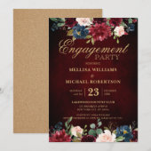 Invitation Fiançailles Boho Russe Floral de la Marine Rouge d (Devant / Derrière)