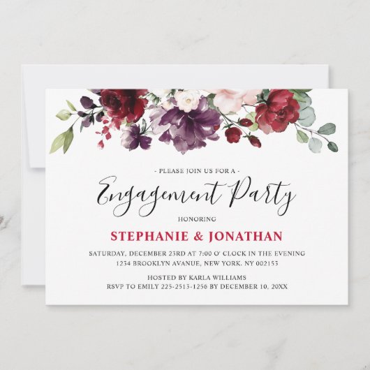 Invitation Fiançailles boho rustique rouge Bourgogne (Devant)