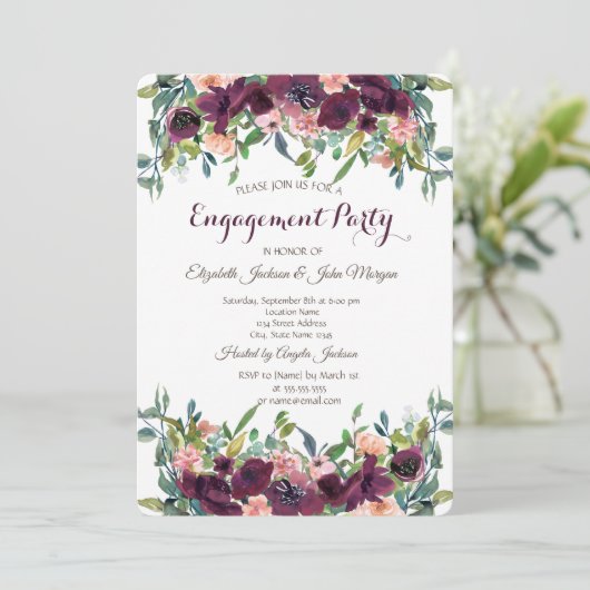 Invitation Fiançailles chic de fleurs bordeaux (Debout devant)