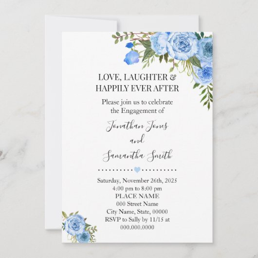 Invitation fiançailles chic de style boho floral bleu romanti (Devant)