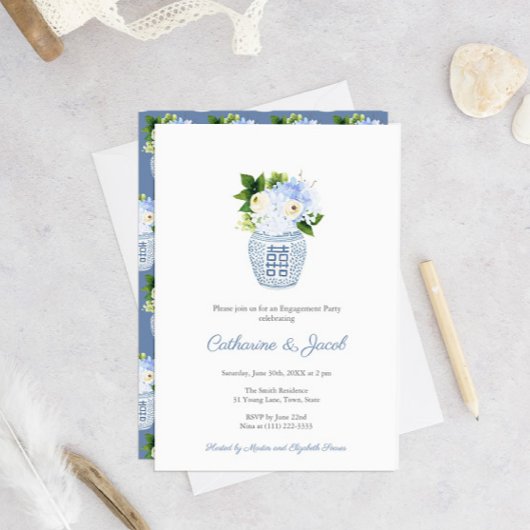 Invitation Fiançailles classique Mariage bleu blanc Ginger Ja