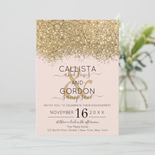 Invitation Fiançailles Confetti Parties scintillant Gold Rose (Debout devant)