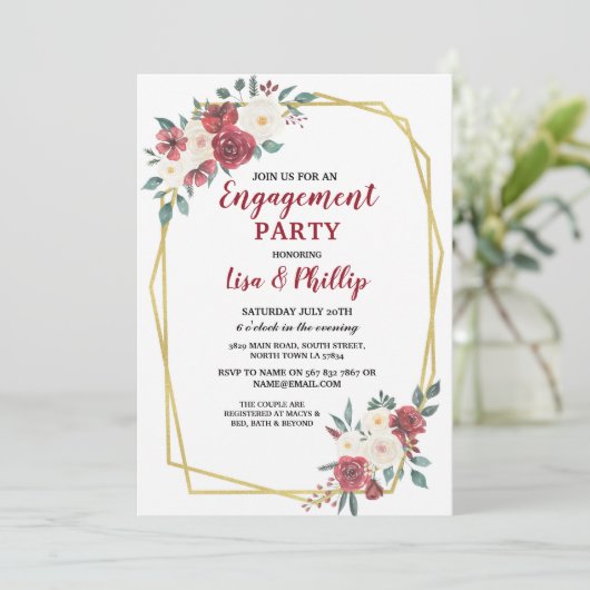 Invitation Fiançailles Couple's Shower Frame Gold Red (Debout devant)