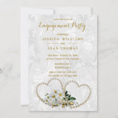 Invitation Fiançailles Damassé Perles Cœurs & Fleurs (Devant)