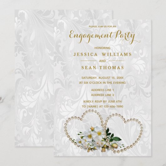 Invitation Fiançailles Damassé Perles Cœurs & Fleurs (Devant / Derrière)