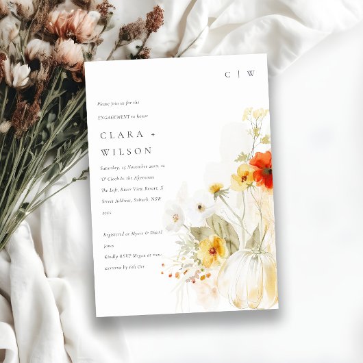 Invitation Fiançailles d'aquarelle Citrouille fleur sauvage