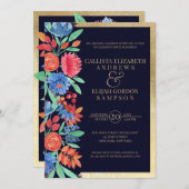 Invitation Fiançailles d'aquarelle couleur or bleu corail (Devant / Derrière)