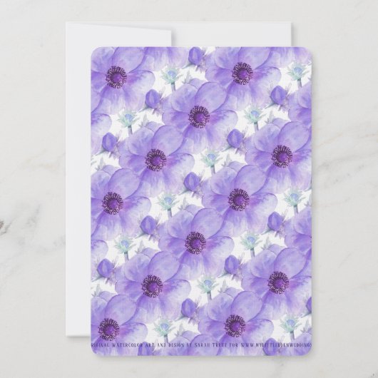 Invitation Fiançailles d'aquarelle fleurie d'anémone violet (Dos)