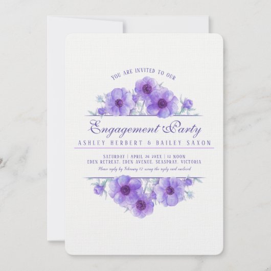 Invitation Fiançailles d'aquarelle fleurie d'anémone violet (Devant)