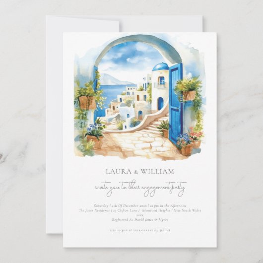 Invitation Fiançailles d'aquarelle Santorini Grèce (Devant)