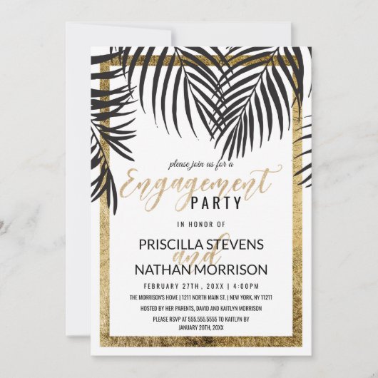 Invitation Fiançailles de bordure en or Black Palm Tree Frond (Devant)