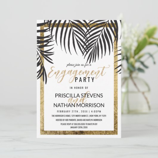 Invitation Fiançailles de bordure en or Black Palm Tree Frond (Debout devant)