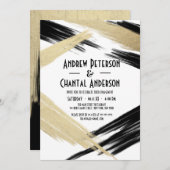 Invitation Fiançailles de broderie moderne Chic Black Gold (Devant / Derrière)