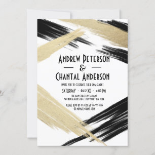 Invitation Fiançailles de broderie moderne Chic Black Gold