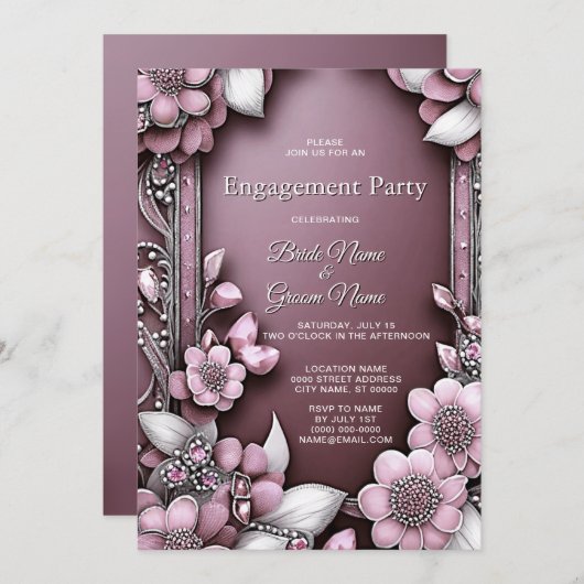 Invitation Fiançailles de cadre Floral Rose (Devant / Derrière)