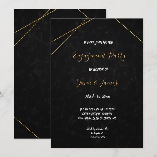 Invitation Fiançailles de cadre géométrique noir et or chic (Devant / Derrière)