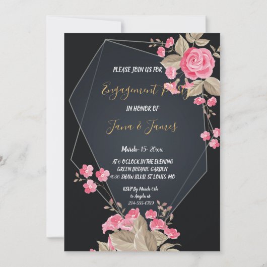 Invitation Fiançailles de cadre géométrique noir et or chic (Devant)