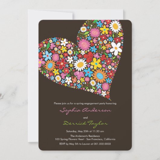 Invitation Fiançailles de coeur des fleurs de prin (Devant)