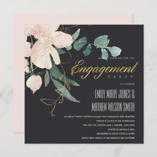 INVITATION FIANÇAILLES DE COULEUR D'EAU DE BUNCH BLACK BLUSH  (Devant / Derrière)